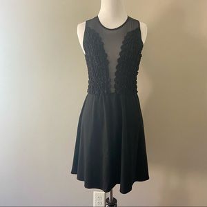 For Love & Lemons Black Floral Embellished Mini Fit Flare Mesh Sleeveless Dress